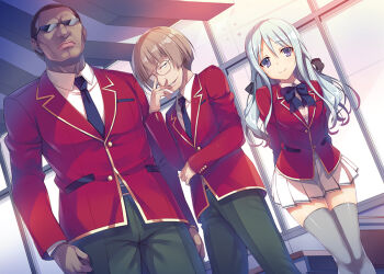 1girl 2boys adjusting_eyewear blue_hair breasts dark-skinned_male dark_skin glasses long_hair looking_at_viewer multiple_boys novel_illustration official_art short_hair smile standing tomose_shunsaku very_short_hair youkoso_jitsuryoku_shijou_shugi_no_kyoushitsu_e