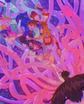 1girl 2024 5boys alternate_costume alternate_hair_color alternate_hairstyle antenna_hair artist_name aubrey_(faraway)_(omori) aubrey_(omori) basil_(faraway)_(omori) basil_(omori) black_eyes black_gloves black_hair blonde_hair blue_eyes blue_jacket bracelet brothers closed_eyes clothes_around_waist colored_skin dual_persona fingerless_gloves flower_bracelet gloves gradient_hair grey_pants hero_(faraway)_(omori) hero_(omori) highres jacket jacket_around_waist jewelry kel_(faraway)_(omori) kel_(omori) long_sleeves looking_at_another madnopost multicolored_hair multiple_boys omori omori_(omori) one_eye_closed open_mouth orange_hair orange_shoes pants pink_hair ponytail shoes siblings sidelocks sneakers sunny_(omori) teeth tongue upside-down white_jacket white_skin