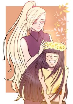 2girls black_choker black_hair blonde_hair blue_eyes blunt_bangs boruto:_two_blue_vortex bracelet breasts choker commentary corrupted_twitter_file crop_top english_commentary eyes_visible_through_hair facial_mark flower grin hair_flower hair_ornament hairclip head_wreath high_ponytail highres jewelry long_hair medium_breasts midriff multiple_girls naruto_(series) navel pink_lips ponytail rozan_arts shirt sleeveless sleeveless_shirt smile twitter_username uzumaki_himawari very_long_hair whisker_markings yamanaka_ino