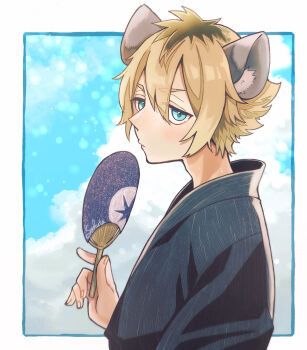 1boy adam's_apple alternate_costume animal_ears artist_name black_kimono blonde_hair blue_border blue_eyes blue_sky blurry blush bokeh border cloud commentary depth_of_field fingernails from_side hair_between_eyes hand_fan hand_up highres holding holding_fan hot hyena_boy hyena_ears inset_border japanese_clothes kimono looking_at_viewer male_focus multicolored_hair nose_blush o3o outdoors paper_fan roots_(hair) ruggie_bucchi sakutas short_eyebrows short_hair sideways_glance sky solo sweat tareme twisted_wonderland uchiwa upper_body white_background yukata