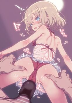 1boy 1girl ass blonde_hair blue_eyes blush censored commentary_request girls_und_panzer hetero highres katyusha_(girls_und_panzer) loli looking_back paid_reward_available penis puddinghomhom short_hair spread_pussy spread_pussy_under_clothes underwear variant_set