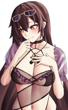 1girl absurdres bikini black_bikini black_choker blush breasts brown_hair choker cleavage commentary_request eden_(flowing_rhyme)_(honkai_impact) eden_(honkai_impact) eyewear_on_head hand_on_own_chest highres honkai_(series) honkai_impact_3rd korean_commentary large_breasts long_hair official_alternate_costume pyeong_il see-through_clothes see-through_sleeves simple_background smile solo sunglasses swimsuit very_long_hair white_background yellow_eyes