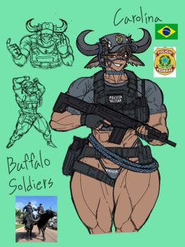 1girl abs ammunition_pouch animal_ears assault_rifle bikini brazilian_flag brown_eyes brown_hair bulletproof_vest character_name cropped_legs dark-skinned_female dark_skin facing_viewer green_background grey_shirt grin gun hakari_dance harness holding holding_gun holding_weapon horns magazine_(weapon) muscular muscular_female original police pouch ppopy124 reference_inset rifle s.w.a.t. shirt short_hair smile solo string_bikini swimsuit t-shirt tactical_clothes thighs tight_clothes vest walkie-talkie water_buffalo weapon