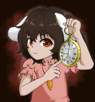 1girl alice&#039;s_adventures_in_wonderland animal_ears black_hair brown_background carrot carrot_necklace closed_mouth cosplay dress fang floppy_ears gradient_background hair_between_eyes hand_up highres holding holding_pocket_watch inaba_tewi index_finger_raised jewelry looking_at_viewer meme necklace pendant pink_dress pocket_watch pointing pointing_at_object puffy_short_sleeves puffy_sleeves rabbit_ears rabbit_girl red_eyes ribbon-trimmed_sleeves ribbon_trim roman_numeral short_hair short_sleeves skin_fang solo touhou ttzl upper_body watch wavy_hair white_rabbit_(alice_in_wonderland) white_rabbit_(alice_in_wonderland)_(cosplay) white_rabbit_pointing_at_a_clock_(meme)