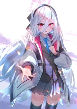 1girl black_hairband black_jacket black_thighhighs blue_archive blue_necktie collared_shirt commentary_request grey_hair grey_skirt hair_between_eyes hairband halo hand_up highres jacket kachayori kei_(blue_archive) kei_(new_body)_(blue_archive) long_hair long_sleeves looking_at_viewer necktie open_clothes open_jacket outstretched_arm parted_lips pleated_skirt puffy_long_sleeves puffy_sleeves purple_eyes shirt skirt solo standing thighhighs very_long_hair white_jacket white_shirt