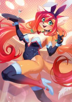 1girl alcohol animal_ear_fluff animal_ear_hairband animal_ears bar_(place) black_gloves black_leotard blurry blurry_background breasts bunnimals choker cleavage cocktail cowboy_shot dutch_angle elbow_gloves fake_animal_ears fox_ears fox_girl fox_tail furry furry_female gloves gradient_thighhighs green_eyes grey_shoes hair_between_eyes hairband halftone highres holding holding_tray indoors inuki_(aruurara) large_breasts leg_up lens_flare leotard long_hair long_hair_between_eyes looking_at_viewer low_twintails multicolored_thighhighs official_art open_mouth pink_thighhighs playboy_bunny purple_thighhighs rabbit_ears red_hair roza_(bunnimals) second-party_source shoes smile solo standing tail thighhighs transparent_background tray twintails two-tone_thighhighs very_long_hair wrist_cuffs