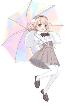 1girl :d beret blonde_hair bow bowtie brown_bow brown_bowtie brown_shoes buttons commentary_request cropped_jacket double-breasted dress full_body fur-trimmed_jacket fur_trim green_eyes grey_dress grey_hat hair_ornament hat highres holding holding_umbrella indie_virtual_youtuber jacket loafers looking_at_viewer open_mouth pantyhose pinstripe_dress pinstripe_pattern pleated_dress pom_pom_(clothes) pom_pom_hair_ornament self-portrait shigure_ui shigure_ui_(vtuber) shoes short_hair simple_background sleeves_past_wrists smile solo two_side_up umbrella virtual_youtuber white_background white_jacket white_pantyhose