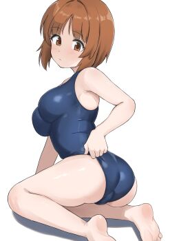 1girl barefoot blue_one-piece_swimsuit breasts brown_eyes brown_hair chansuko_(manba00) girls_und_panzer highres medium_breasts nishizumi_miho one-piece_swimsuit simple_background sitting solo swimsuit white_background