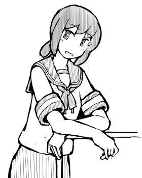 1girl commentary_request cowboy_shot crossed_arms fubuki_(kancolle) greyscale kantai_collection looking_at_viewer low_ponytail medium_hair monochrome ponytail sailor_collar sailor_shirt school_uniform serafuku shirt sidelocks smile solo task_(s_task80) upper_body