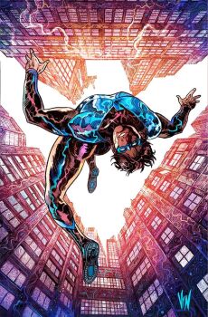 1boy artist_name backflip batman_(series) black_bodysuit black_hair blue_bodysuit blue_mask bodysuit building city cityscape dc_comics dick_grayson dynamic_pose full_body gymnastics highres male_focus mask multicolored_bodysuit muscular nightwing outdoors short_hair signature sky skyline skyscraper smile solo solo_focus superhero_costume taut_bodysuit two-tone_bodysuit vinartwork western_comics_(style)