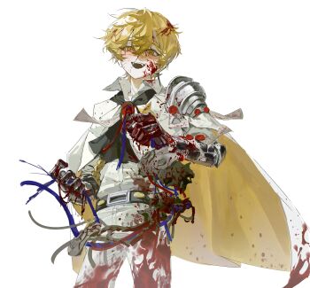 1boy absurdres armor ascot belt black_belt black_neckerchief blonde_hair blood blood_on_body blood_on_clothes blood_on_face blood_splatter blush broken cape collared_shirt cowboy_shot crazy crazy_smile gauntlets gloves hair_between_eyes highres holding implied_murder limbus_company looking_at_viewer loose_wires male_focus n_corp._fanatic_(identity)_(project_moon) neckerchief nwxigeidh open_mouth pants pauldrons project_moon shirt short_hair shoulder_armor simple_background sinclair_(project_moon) single_pauldron smile solo teeth two-sided_cape two-sided_fabric upper_teeth_only wax_seal white_background white_cape white_pants white_shirt wire