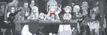 5girls 6+boys alcohol alucard_(castlevania) ankle_socks arcueid_brunestud arm_on_table arm_warmers ascot bare_shoulders bat_wings beard blazblue bloodborne bloodrayne bloodrayne_(videogame) blue_sky blunt_bangs bolos boots bow bowtie breasts candle castlevania_(series) center_frills center_opening chair chalice character_request cleavage closed_mouth collared_shirt commentary copyright_request crossover crystal_wings cup dark-skinned_male dark_skin darkstalkers demitri_maximoff demon_wings detached_sleeves dining_room dracula_(castlevania) dress drink drinking_glass english_commentary facial_hair fangs fangs_out feet_out_of_frame fingerless_gloves fire flandre_scarlet flower food fork formal_clothes frilled_shirt frilled_shirt_collar frilled_skirt frilled_sleeves frilled_socks frills fringe_trim from_behind full_body gloves greyscale grin hair_between_eyes hair_bow hair_spread_out hand_on_table hat hat_feather hat_ribbon high_collar highres holding holding_drink holding_fork indoors knee_boots kurumi_(touhou) lady_maria_of_the_astral_clocktower large_breasts leggings long_dress long_hair long_skirt long_sleeves looking_at_another meat medium_skirt midriff mob_cap monochrome multiple_boys multiple_crossover multiple_girls mustache napkin old old_man on_chair orange_eyes parted_bangs plate pleated_skirt pointing pointy_ears puffy_short_sleeves puffy_sleeves rachel_alucard red_bow red_bowtie red_eyes remilia_scarlet ribbon ribbon-trimmed_headwear ribbon_trim shirt shoes short_hair short_sleeves siblings side_ponytail sideburns sisters sitting skirt skirt_set sky sleeve_bow sleeveless sleeveless_shirt smile socks species_connection spill spot_color spread_wings sunflower suspender_skirt suspenders touhou touhou_(pc-98) tsukihime twintails vampire very_long_hair wine wine_glass wings