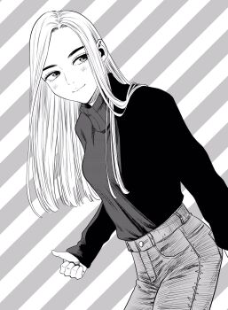 1girl breasts commentary cowboy_shot denim diagonal-striped_background forehead greyscale highres jeans leaning_forward lee_(dragon_garou) long_hair medium_breasts monochrome original pants sleeves_past_wrists smile solo striped_background sweater symbol-only_commentary thumbs_up turtleneck turtleneck_sweater