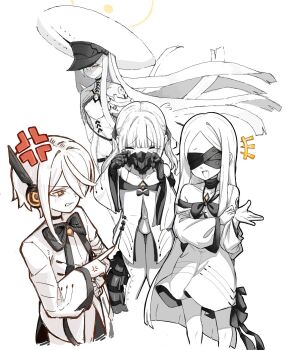 +++ 4girls anger_vein black_bow black_mask black_tail blindfold blue_archive bow colored_skin commentary_request covered_eyes dress ein_(blue_archive) hair_over_one_eye hakuita halo hat highres large_hat long_hair long_sleeves malkuth_(blue_archive) mask mechanical_hands mechanical_tail multiple_girls ohr_(blue_archive) one_eye_covered open_mouth respirator segmented_tail short_hair siblings simple_background sof_(blue_archive) symbol-shaped_pupils tail triplets very_long_hair white_background white_hair white_skin white_tongue x-shaped_pupils yellow_eyes yellow_halo
