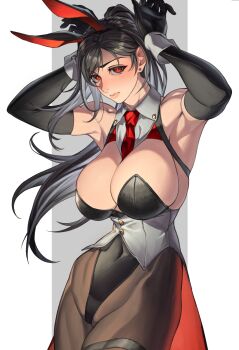 1girl animal_ear_hairband animal_ears armpits between_breasts black_hair black_leotard border breasts cleavage closed_mouth coattails covered_navel detached_collar elbow_gloves fake_animal_ears final_fantasy final_fantasy_vii gloves grey_background hairband highleg highleg_leotard highres large_breasts leotard long_hair looking_at_viewer necktie outside_border pantyhose pillarboxed playboy playboy_bunny playboy_bunny_vest rabbit rabbit_ear_hairband rabbit_ears rabbit_pose rabbit_tail red_eyes simple_background solo strap_between_breasts strapless strapless_leotard tail temoc tifa_lockhart vest white_border white_wrist_cuffs wrist_cuffs