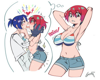 1boy absurdres amate_yuzuriha bikini bikini_top_only blue_hair breasts bulge cropped_legs denim denim_shorts french_kiss gerph gundam gundam_gquuuuuux highres imagining kiss large_breasts looking_at_another multicolored_hair precum shirt short_hair shorts shuji_ito swimsuit