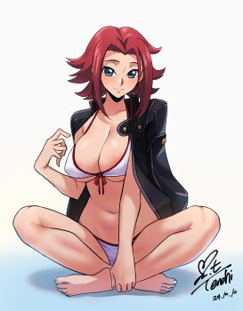 1girl absurdres areola_slip barefoot bikini black_jacket blue_eyes breasts cleavage code_geass collarbone covered_erect_nipples dated feet flipped_hair front-tie_bikini_top front-tie_top full_body gradient_background hand_on_own_ankle hand_up highres indian_style jacket jacket_on_shoulders kouzuki_kallen large_breasts legs looking_at_viewer navel red_hair red_trim short_hair signature sitting smile solo swimsuit toes white_bikini yoo_tenchi