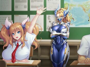 1boy 2girls action_taimanin alternate_costume arm_up artist_request blonde_hair blue_bodysuit blush_stickers bodysuit breast_press breasts breasts_squeezed_together classroom covered_navel crossed_arms curvy demon_girl game_cg hanging_breasts horns indoors large_breasts lilith-soft long_hair looking_at_another mask mother_and_daughter mouth_mask multiple_girls official_art onizaki_kirara open_mouth pointy_ears ponytail ragnarok_sinmara school_uniform shiny_clothes shiny_skin shirt sitting smile standing taimanin_(series) taimanin_suit twintails two_side_up white_shirt wide_hips