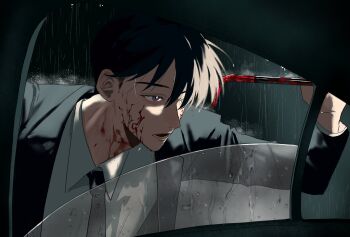 1boy black_hair black_jacket black_necktie blazer blood blood_drop blood_on_cheek blood_on_neck bloody_weapon blue_eyes collared_shirt commentary crowbar highres holding holding_crowbar jacket looking_ahead lower_teeth_only mafia necktie night open_mouth original pafujojo rain shirt short_hair sidelighting teeth vehicle_interior water_drop weapon white_shirt