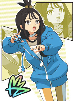1girl black_hair blue_jacket commentary_request grey_eyes highres holding holding_poke_ball jacket kanbei_(pixiv11037490) lida_(pokemon) long_hair long_sleeves looking_at_viewer nintendo open_mouth pants poke_ball pokemon pokemon_legends:_z-a puffy_long_sleeves puffy_sleeves smile solo yellow_pants zoom_layer