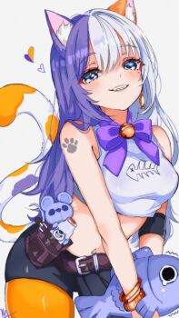 1girl animal_ear_fluff animal_ears armpit_crease bell belt_pouch black_shorts blue_eyes blush bottle bow bowtie bracelet breasts calico_(pattern) cat_ears cat_girl cat_tail commentary cowboy_shot crop_top earrings fangs fish_earrings fortnite heart highres holding holding_stuffed_toy jewelry kurerin long_hair looking_at_viewer medium_breasts meg_(fortnite) midriff milk_bottle mole mole_under_eye multicolored_hair navel neck_bell orange_pantyhose pantyhose parted_lips pouch purple_bow purple_bowtie purple_hair shirt shorts simple_background sleeveless sleeveless_shirt smile solo split-color_hair stuffed_animal stuffed_fish stuffed_toy tail two-tone_hair white_background white_hair white_shirt