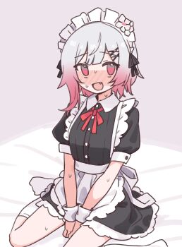 1girl absurdres alternate_costume apron black_dress breasts commentary_request dress embarrassed enmaided fang gradient_hair grey_hair highres kneehighs looking_at_viewer mahou_shoujo_no_majo_saiban maid maid_headdress medium_hair multicolored_hair neck_ribbon nervous_smile nervous_sweating nikukabe on_bed open_mouth pink_background pink_eyes pink_hair puffy_short_sleeves puffy_sleeves red_ribbon ribbon sakuraba_ema short_dress short_sleeves simple_background sitting small_breasts smile socks solo sweat waist_apron wariza white_socks wrist_cuffs