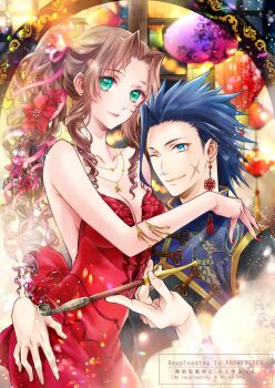 1boy 1girl aerith_gainsborough aerith_gainsborough_(red_dress) bare_shoulders black_hair blue_eyes bracelet breasts brown_hair chinese_clothes cleavage commentary_request couple cross_scar dress earrings facial_scar final_fantasy final_fantasy_vii final_fantasy_vii_remake flower green_eyes hair_flower hair_ornament hair_ribbon hetero highres hug jewelry long_hair looking_at_viewer nail_polish one_eye_closed pink_ribbon quichi_91 red_dress ribbon scar scar_on_cheek scar_on_face spiked_hair zack_fair
