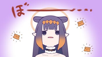 1girl blunt_bangs choker circlet commentary english_commentary fur-trimmed_choker fur_choker fur_trim gradient_background gradient_hair highres hololive hololive_english jitome long_hair mole mole_under_eye multicolored_hair ninomae_ina'nis ninomae_ina'nis_(1st_costume) oguri_cap_spacing_out orange_hair parody parted_lips pink_background pointy_ears purple_hair scene_reference shutowl sidelocks solo takodachi_(ninomae_ina'nis) tentacle_hair umamusume umamusume:_cinderella_gray virtual_youtuber