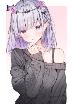 Rule 34 | 1girl, bare shoulders, border, breasts, castorice (honkai: star rail), collarbone, commentary, flower, gradient background, grey eyes, grey hair, grey sweater, hair flower, hair ornament, hand up, highres, honkai: star rail, honkai (series), kei (limitedgirl), medium breasts, off shoulder, parted lips, pink background, pink flower, pointy ears, solo, sweater, upper body, white border