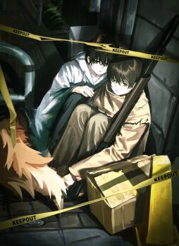 Rule 34 | 2boys, alley, animal ears, bags under eyes, black eyes, black hair, box, cardboard box, caution tape, commentary request, curled up, double-parted bangs, dual persona, e.g.o (project moon), fell bullet (e.g.o), fox boy, fox ears, fox tail, full body, hair between eyes, hands on own knees, highres, hugging own legs, icco ho, knees up, limbus company, looking at viewer, male focus, multiple boys, project moon, scarf, short hair, sitting, tail, yi sang (project moon)