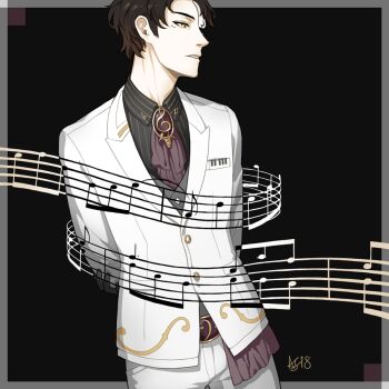 1boy arms_behind_back beamed_eighth_notes belt brown_hair commentary driftwoodwolf eighth_note english_commentary formal_clothes half_mask male_focus mask musical_note musical_staff necktie original pants quarter_note suit yellow_eyes
