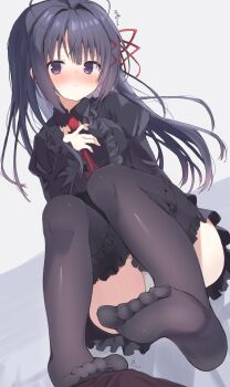 1girl absurdres antenna_hair black_hair black_shirt black_skirt black_thighhighs blunt_bangs blush bulge center_frills closed_mouth commentary dutch_angle feet foreshortening frilled_shirt_collar frilled_thighhighs frills full_body grey_background hair_intakes hair_ribbon hand_up highres implied_footjob juliet_sleeves long_hair long_sleeves looking_at_viewer miniskirt necktie no_shoes nose_blush ookura_risona panties pleated_skirt puffy_sleeves purple_eyes red_necktie red_ribbon ribbon school_uniform shirt simple_background sitting skirt soles solo sweat takepoison thighhighs thighs toes tsuki_ni_yorisou_otome_no_sahou underwear white_panties
