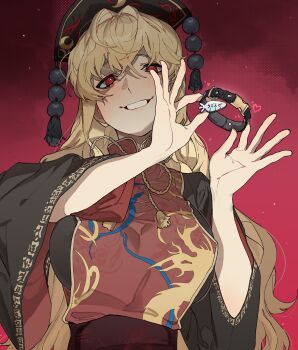 Rule 34 | 1girl, absurdres, black dress, blonde hair, breasts, commentary, covered erect nipples, dalachi (headdress), dress, evil grin, evil smile, grin, highres, junko (touhou), large breasts, long hair, looking at viewer, name tag, red eyes, red tabard, shimiya jin, smile, tabard, touhou, translated, unworn collar, wide sleeves