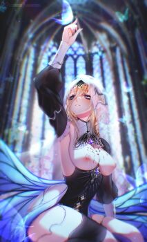 1girl absurdres aponia artist_name black_dress blonde_hair blue_eyes breasts bug butterfly butterfly_on_hand church commentary detached_sleeves dress english_commentary hibahria highres honkai_(series) honkai_impact_3rd insect large_breasts medium_hair nipples nun nun_headdress parted_lips solo thighs veil white_veil