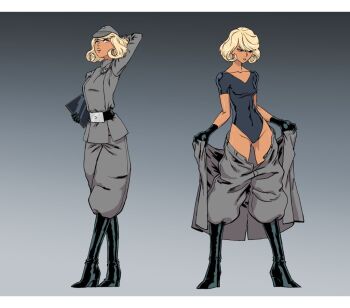 1girl artist_request belt black_boots black_gloves blonde_hair blue_eyes boots breasts curly_hair galactic_empire_(star_wars) gloves hat holding holding_tablet_pc imperial_officer leotard looking_down looking_up military_uniform open_mouth reference_sheet shiny_skin short_hair simple_background star_wars tablet_pc tan undressing