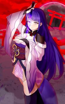 Rule 34 | 1girl, arm up, blunt bangs, breasts, bridal gauntlets, cleavage, clothing cutout, commentary, dragonostic, drawing sword, electricity, genshin impact, glowing, glowing sword, glowing weapon, hair down, highres, holding, holding sword, holding weapon, human scabbard, japanese clothes, kimono, large breasts, long hair, long sleeves, looking at viewer, looking to the side, mitsudomoe (shape), mole, mole under eye, moon, musou isshin (genshin impact), purple eyes, purple hair, purple kimono, purple thighhighs, raiden shogun, red background, red sash, red sky, sash, shoulder cutout, sky, solo, standing, sword, sword between breasts, thighhighs, tomoe (symbol), upper body, weapon, wide sleeves