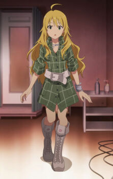 1girl ahoge anime_screenshot antenna_hair arms_at_sides backstage bangle blonde_hair boots bracelet breasts buttons collared_dress dress dress_shirt eyelashes facing_viewer female_focus fingernails full_body green_dress green_eyes grey_boots hair_between_eyes heel_up highres hoshii_miki idolmaster idolmaster_(classic) indoors jewelry knee_boots knees long_hair looking_at_viewer medium_breasts namco neck necklace official_art open_mouth shirt short_sleeves sidelocks standing stitched surprised thighs third-party_edit walking wavy_hair