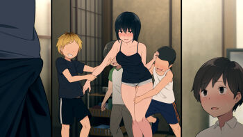 1girl 4boys arm_grab bare_shoulders black_eyes black_hair blush breasts brother_and_sister bulge cleavage clenched_teeth embarrassed erection erection_under_clothes groin hair_between_eyes height_difference highres indoors kemuri_haku leg_grab legs medium_breasts medium_hair multiple_boys multiple_views no_eyes open_mouth original short_shorts shorts siblings smile standing tank_top teasing teeth thighs toaru_daikazoku_no_okazu_jijou:_mamagawari_onee-chan_funtouki