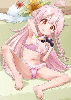 1girl absurdres ahoge antenna_hair arm_up barefoot bikini blue_hat blush braid breasts cleft_of_venus closed_mouth controller dot_nose eyebrows eyelashes feet female_focus frilled_bikini frills full_body genderswap genderswap_(mtf) gplnbeat hand_up hat head_tilt highres holding holding_controller knee_up leaning_to_the_side loli long_hair navel onii-chan_wa_oshimai! orange_eyes oyama_mahiro pink_bikini pink_hair single_braid sitting small_breasts soles solo spread_legs swimsuit toe_scrunch toes tongue tongue_out unworn_headwear