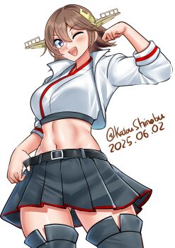 1girl absurdres belt black_skirt boots breasts cowboy_shot cropped_jacket dated flipped_hair gold_hairband hairband headgear hiei_(kancolle) hiei_(race_queen)_(kancolle) highres jacket kantai_collection katou_shinobu medium_breasts midriff official_alternate_costume one-hour_drawing_challenge one_eye_closed pleated_skirt race_queen shirt simple_background skirt solo standing text_background thigh_boots twitter_username white_background white_jacket white_shirt