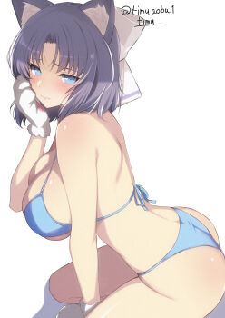1girl animal_ear_fluff animal_ears animal_hands arm_behind_back ass back bare_arms bikini blue_bikini blue_eyes blush bow breasts chimunge cleavage commentary_request embarrassed gloves grey_hair hair_bow highres large_breasts looking_at_viewer medium_hair paw_gloves senran_kagura simple_background sitting socks solo swimsuit twitter_username white_background white_bow white_gloves white_socks yumi_(senran_kagura)