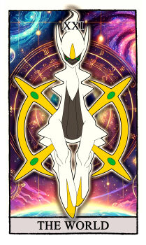 absurdres arceus border card_(medium) carrotzmoonman colored_sclera commentary english_commentary full_body galaxy gen_4_pokemon green_sclera highres legendary_pokemon mythical_pokemon nintendo no_humans pokemon pokemon_(creature) red_eyes roman_numeral screenshot_background solo tarot tarot_(medium) the_world_(tarot) white_border