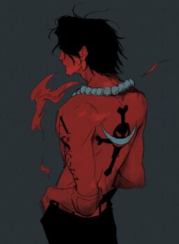 1boy arm_tattoo back back_tattoo belt closed_mouth commentary elbow_pads english_commentary fire hiems_xii highres jewelry male_focus necklace one_piece pearl_necklace portgas_d._ace short_hair shorts simple_background single_elbow_pad solo tattoo topless_male