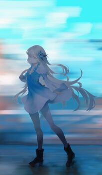 1girl absurdres blue_hair boots dress expressionless floating_hair flower grey_eyes hair_flower hair_ornament hair_over_one_eye hashtag-only_commentary high_heel_boots high_heels highres isekaijoucho kamitsubaki_studio long_hair looking_at_viewer multicolored_hair pantyhose sideways_glance solo two-tone_hair very_long_hair white_hair white_pantyhose yukimura_sin