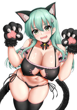 1girl akizuki_akina alternate_costume animal_ears animal_hands bikini black_socks breasts cat_ears cat_lingerie cleavage cowboy_shot fang gloves green_eyes green_hair highres kantai_collection kneehighs large_breasts long_hair looking_at_viewer navel paw_gloves simple_background socks solo string_bikini suzuya_(kancolle) swimsuit white_background