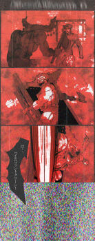 4koma alessi axe blurry comic crazy_smile depth_of_field glasses graphite_(medium) greyscale highres jojo_no_kimyou_na_bouken kakyoin_noriaki mixed_media monochrome motion_lines open_mouth pov red_theme semi-rimless_eyewear smile static tongue tongue_out traditional_media translation_request under-rim_eyewear utano weapon window