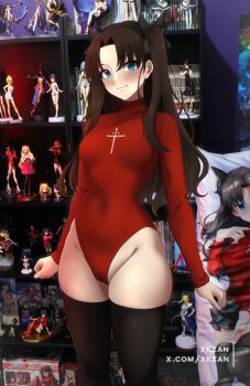 1girl absurdly_detailed_composition absurdres adapted_costume arms_at_sides artoria_pendragon_(fate) artoria_pendragon_(lancer)_(fate) black_hair black_ribbon black_thighhighs blue_eyes blush book bow breasts brown_hair closed_mouth covered_navel cowboy_shot cross cross_print curvy dakimakura_(object) embarrassed ereshkigal_(fate) fate/grand_order fate/stay_night fate_(series) figure gradient_background groin hair_bow hair_ornament hair_ribbon heattech_leotard highleg highleg_leotard highres indoors ishtar_(fate) ishtar_(swimsuit_rider)_(fate) kaguya-sama_wa_kokurasetai_~tensai-tachi_no_renai_zunousen~ leotard loaded_interior long_hair long_sleeves looking_at_viewer medium_breasts mons_pubis nitocris_(fate) nose_blush paid_reward_available parted_bangs photo_background pillow re:zero_kara_hajimeru_isekai_seikatsu red_leotard rem_(re:zero) ribbon shelf shinomiya_kaguya sidelocks skin_tight skindentation sleeved_leotard smile solo standing thick_thighs thighhighs thighs tohsaka_rin tsundere turtleneck twintails twitter_username two_side_up xkzan