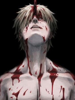 1boy absurdres black_background blonde_hair blood blood_on_chest blood_on_face chainsaw chainsaw_man commentary_request denji_(chainsaw_man) hair_between_eyes highres lips looking_up male_focus nose nude orange_eyes pull_cord sharp_teeth short_hair simple_background solo teeth tiofghln