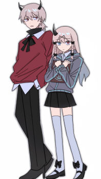 Rule 34 | 1boy, 1girl, ankle boots, black boots, black bow, black bowtie, black horns, black pants, black shoes, black skirt, blue eyes, blue hair, book, boots, bow, bow legwear, bowtie, braid, braided sidelocks, brother and sister, closed mouth, collared shirt, commentary request, demon boy, demon girl, demon horns, double-parted bangs, expressionless, friday night funkin', from below, full body, gradient hair, grey jacket, hair between eyes, hair bow, hair ornament, hands in pockets, hands up, height difference, heterochromia, high heel boots, high heels, highres, holding, holding book, hood, hood down, hooded jacket, horns, hugging book, hugging object, humanization, jacket, kokococo924, long hair, long sleeves, looking at viewer, looking to the side, low ponytail, mary janes, miniskirt, multicolored hair, open mouth, pants, pink hair, pleated skirt, ponytail, puffy long sleeves, puffy sleeves, rasazy (friday night funkin'), red eyes, red sweater, selever (friday night funkin'), shirt, shoes, short hair, short ponytail, siblings, simple background, single horn, skirt, standing, sweater, thighhighs, two-tone hair, upturned eyes, very long hair, white background, white shirt, white thighhighs, x hair ornament, zettai ryouiki