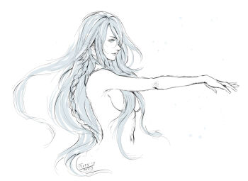1girl 2023 artist_name braid breasts closed_mouth final_fantasy final_fantasy_xvi grey_hair hair_over_one_eye herzloserengel jill_warrick long_hair medium_breasts navel outstretched_arm side_braid sideboob sketch solo topless_female upper_body white_background